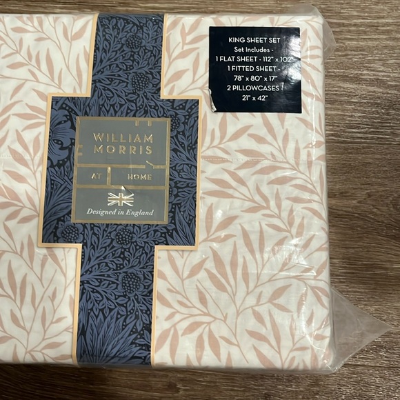 WILLIAM MORRIS England KING Cotton Percale Sheet Set Leaf - Plaster  NEW - Picture 1 of 6